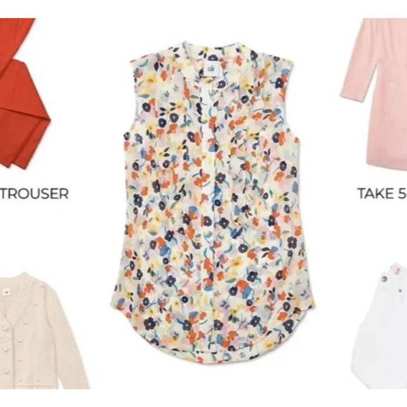 Cabi Tux Ruffle Sleeveless Sheer Blouse #6108 Floral Multi-Colored Top Sz Large - Picture 8 of 10